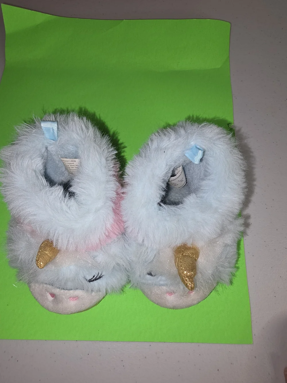 wonder nation Plush Unicorn Bootie Slippers Light Blue & Pink Gold Horn Sz 3